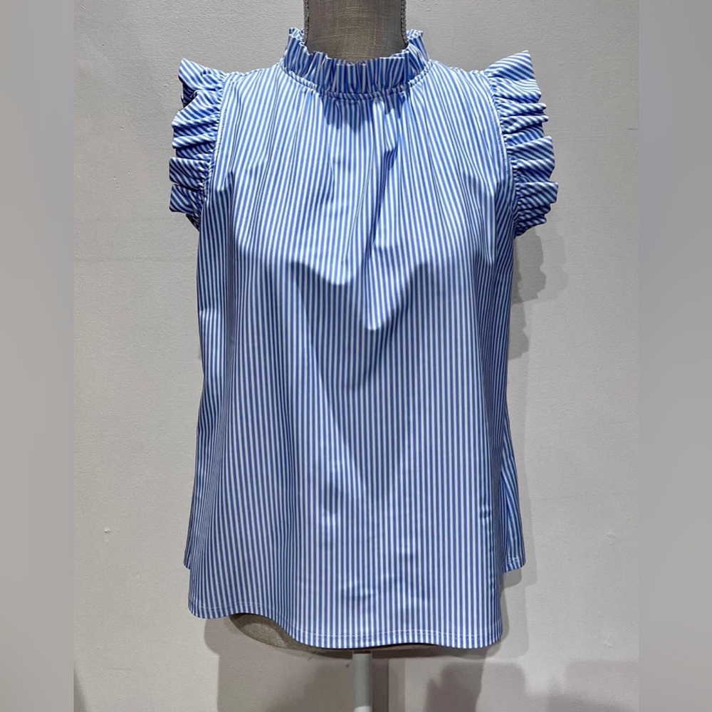 Jude Connelly “Mylie” Sleeveless Ruffled Top - Large Blue/White Pinstripe - NWOT